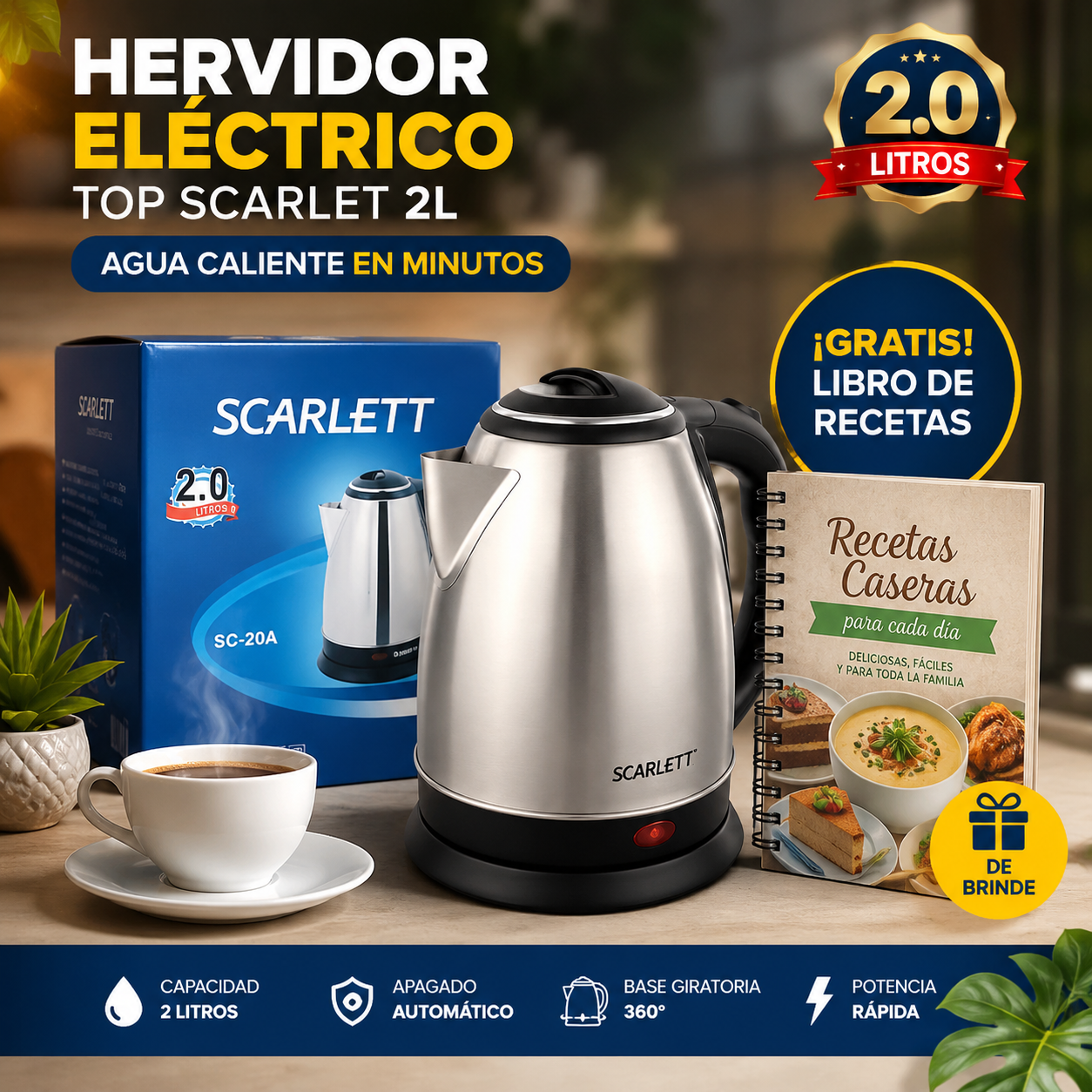 Hervidor Eléctrico Scarlett 2L + ¡Libro de Recetas GRATIS!