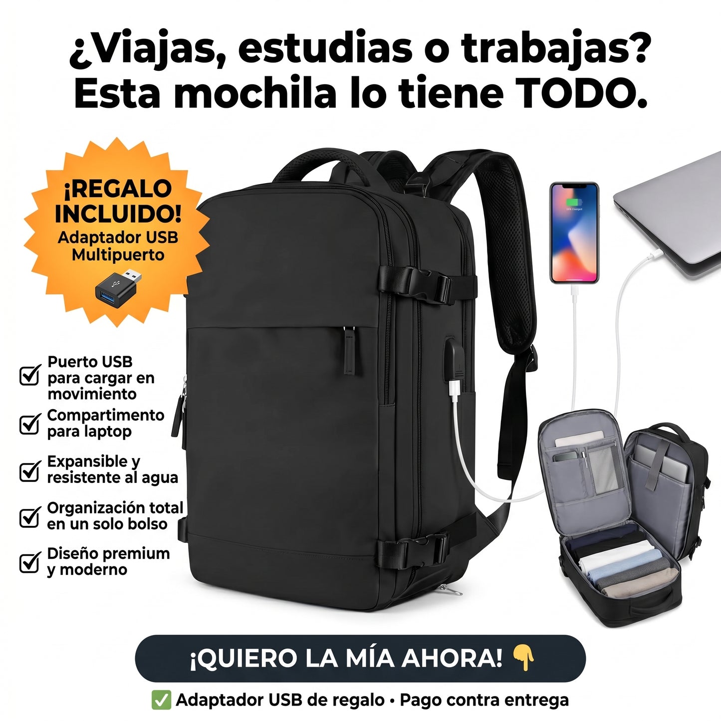 Bolso mochila de Viaje con Puerto USB Y Espacio Para Zapatos